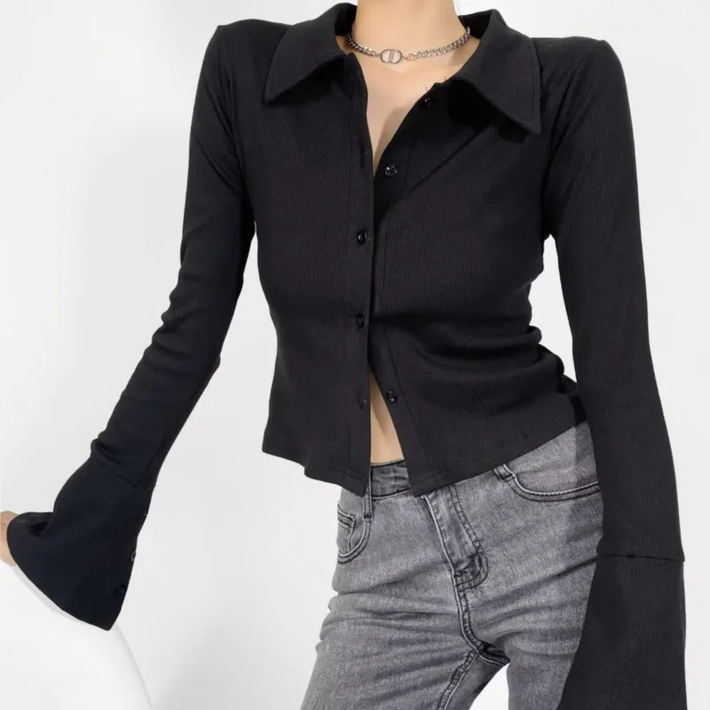 American Retro risvolto monopetto bottoni Full Flare Sleeve Slim vita camicia donna camicetta corta top viola nero