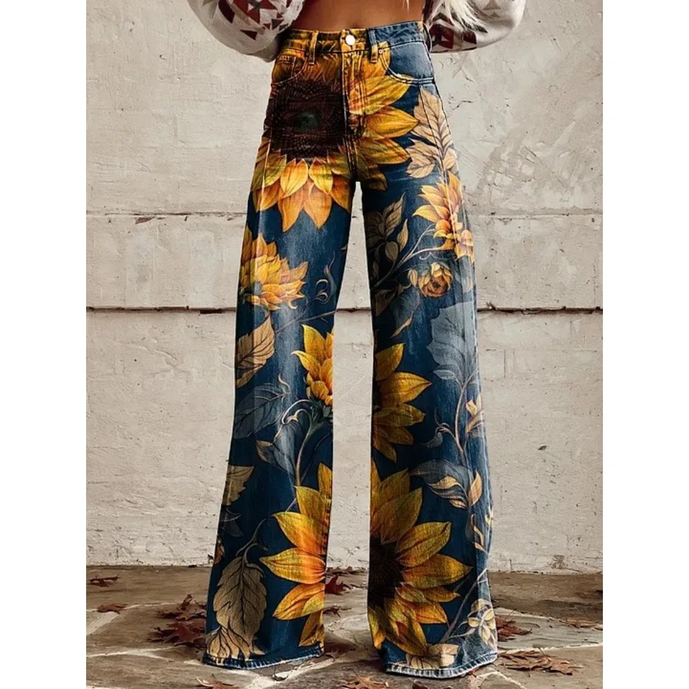 Damen Blaue Orientalische Pflaumenblüten-Druck Hose mit Hoher Taille und Weitem Bein Vintage Blumenmuster Y2K Ästhetik Lose Hose Retro Streetwear – Detail 14