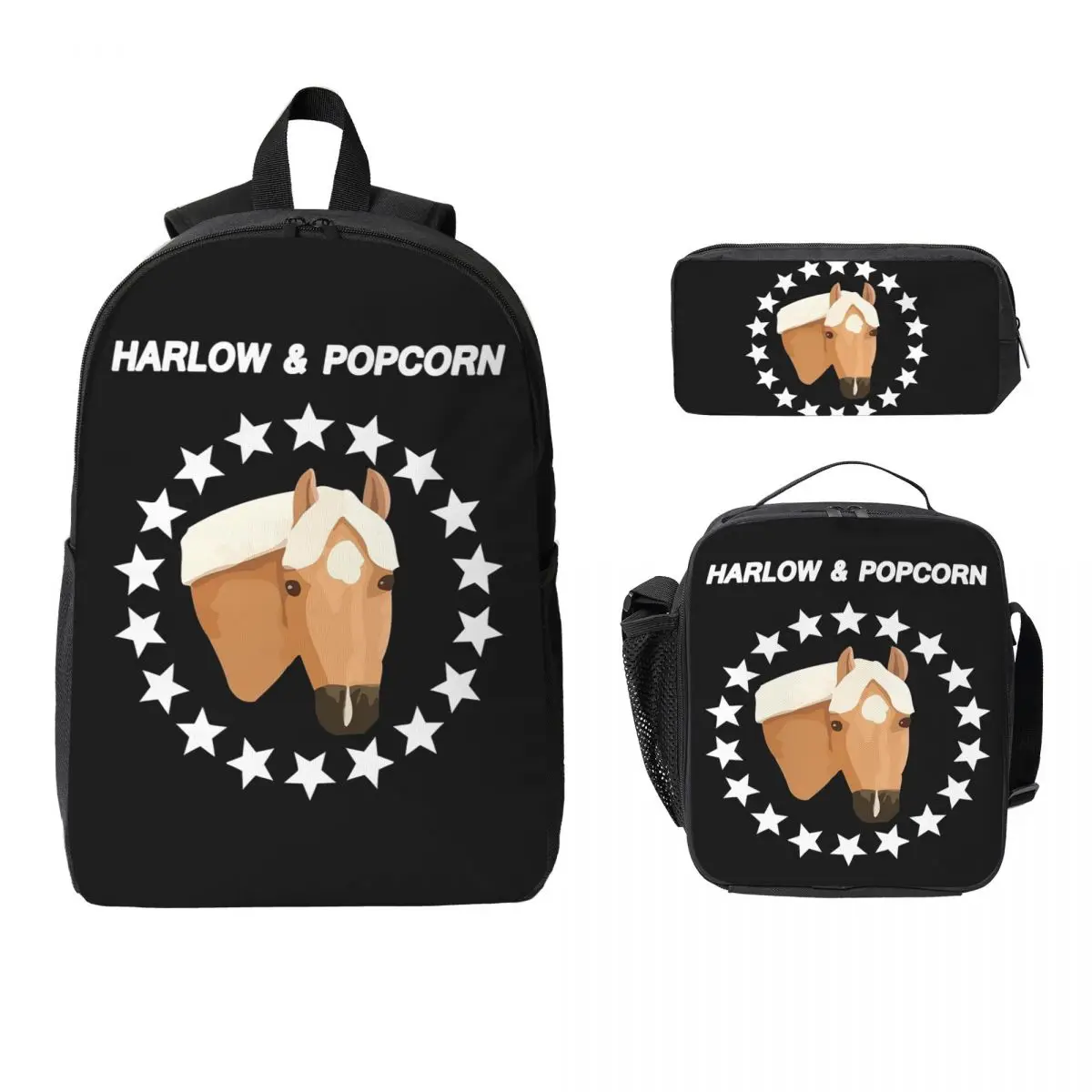 

Harlow And Popcorn Merch Popcorn The Pony Backpack Student Boys Girls BookBag School Bag 3ps Insulated Lunch Bag Pencil Case