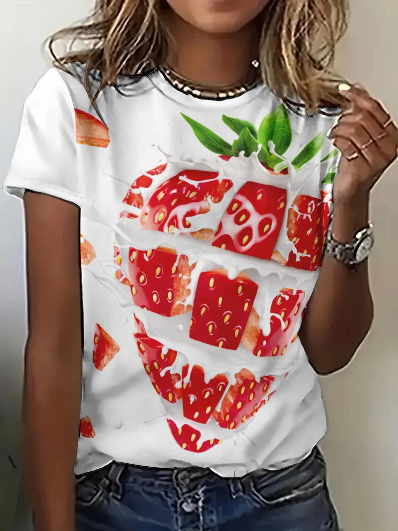 

2024 New Summer Women T shirt Sweet Bananas Strawberries Oranges 3D Fruits Print Tops Tee Girls Casual Loose Short Sleeve Tshirt