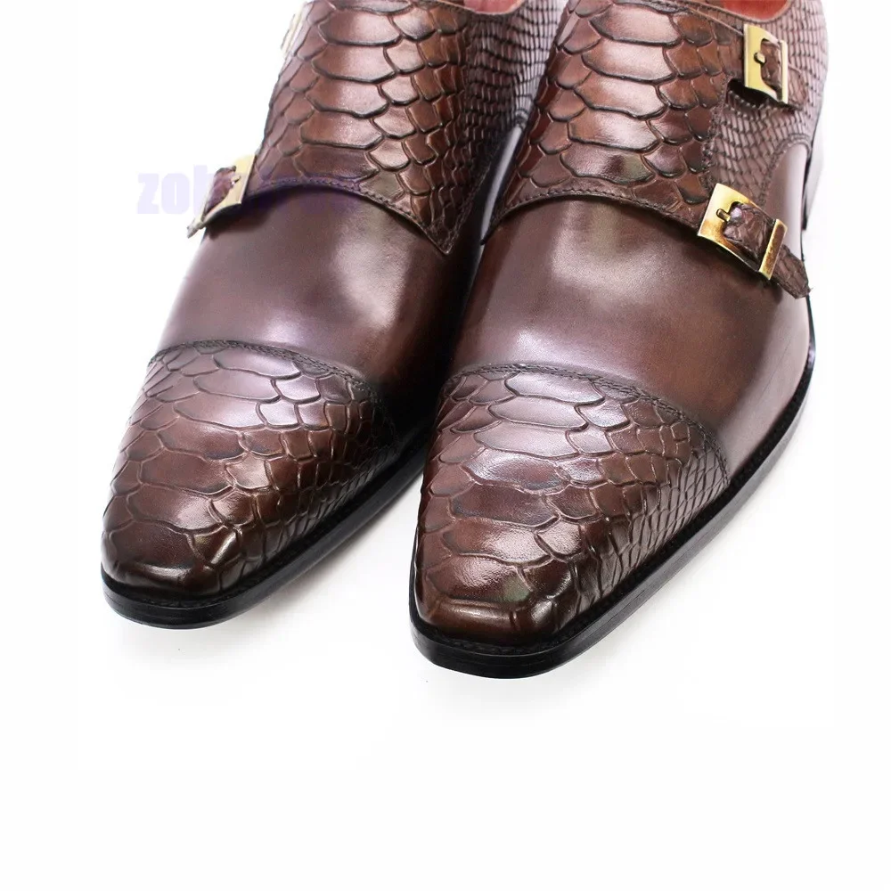 الرجعية مزدوجة زر مقنعين أحذية أسود براون الأعمال أحذية من الجلد عادية جلد طبيعي الراهب أحذية للرجال حجم 38-47 #3