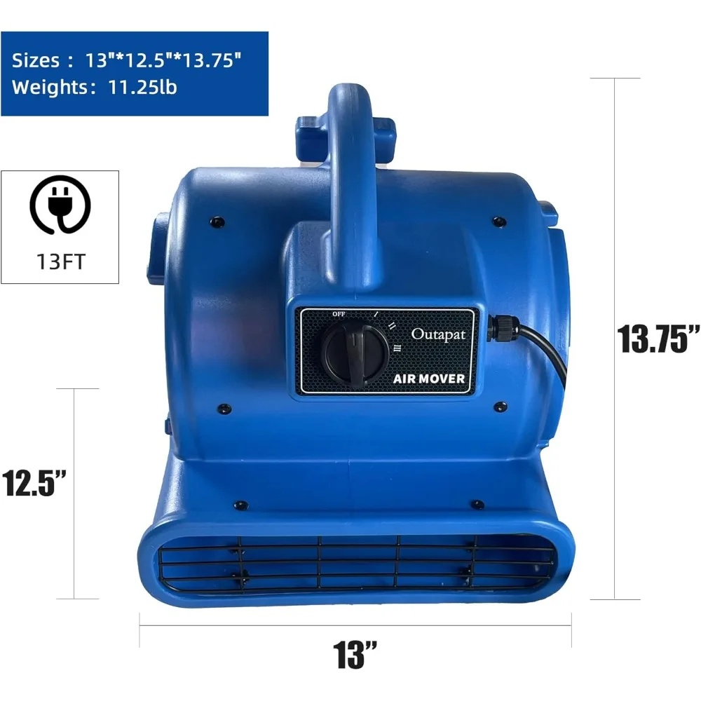 3-скоростной воздуховод, сушилка для ковров мощностью 1/3 л.с. и вентилятор для сушки полов для профессионального очистителя ковров со шнуром питания длиной 13 футов