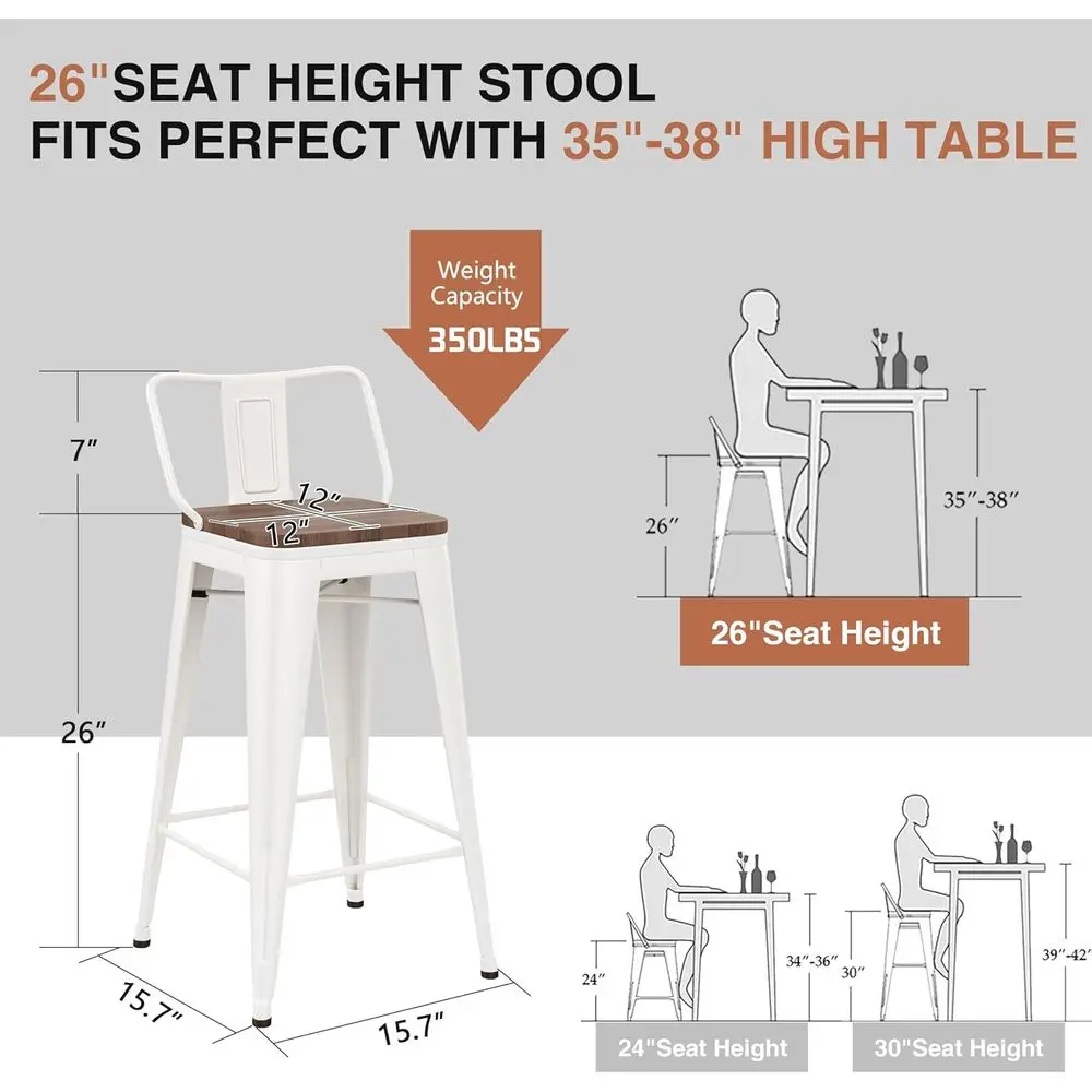 26 Inch Bar Stools Set o 4 Industrial Metal Barstools Counter Height Bar Stool with Backs or Home Kitchen (26 inch, White) view 2