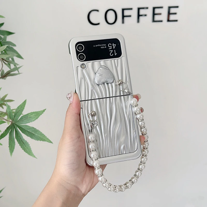 Luxury Pearl Chain Strap Crossbody Lanyard Phone Case For Samsung Galaxy Z Flip3 4 Water Ripper Plating Back Cover With Holder