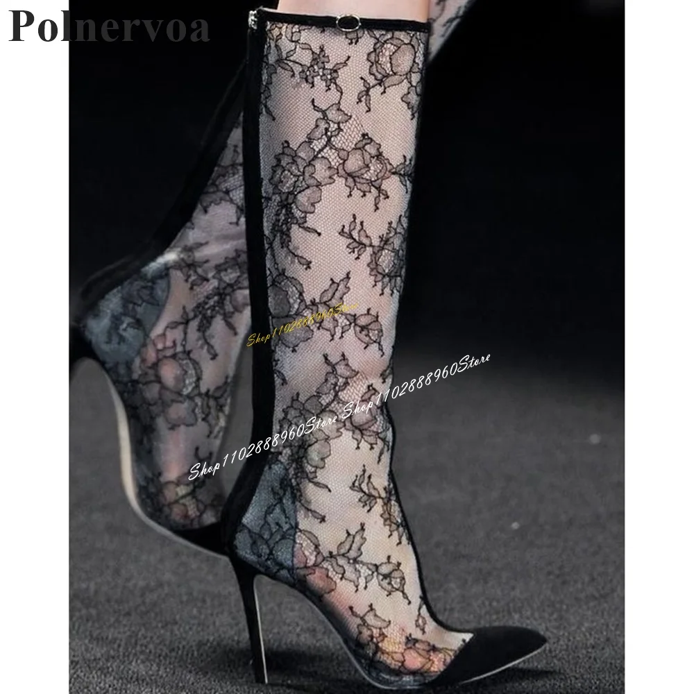 

Splicing Black Air Mesh Buckle Strap Boots Knee High Thin High Heel Women Shoes Back Zipper Pointed Toe 2024 Zapatos Para Mujere