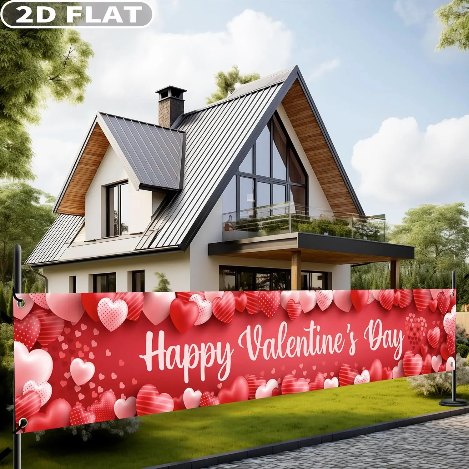 2D FLAT 1pc Happy Valentine's Day Party Banner- 120x20 Inch
