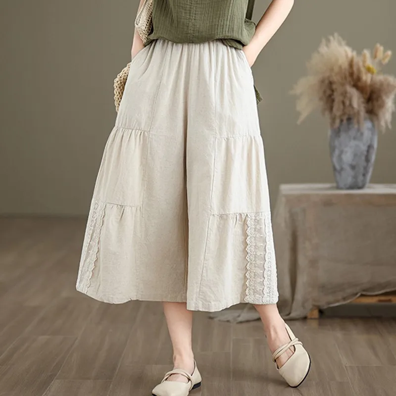 Women Casual Wide Leg Pants New Arrival 2024 Summer Vintage Style Patchwork Lace Loose Female Calf-length Casual Pants B3751