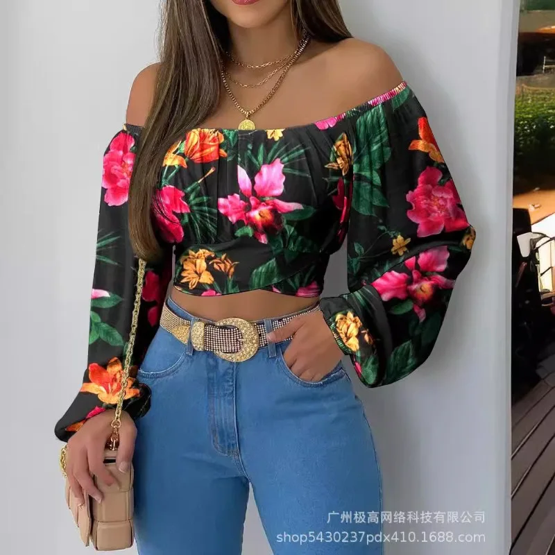 2024 Spring Summer New Women's Clothing off-Neck Long Sleeve Printed Casual Fashion Tops