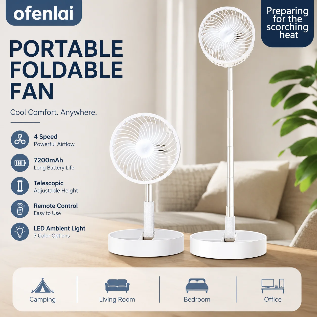 OFENLAI Wireless Foldable Fan Portable Quiet Cooling Fan with LED Light and Remote Control