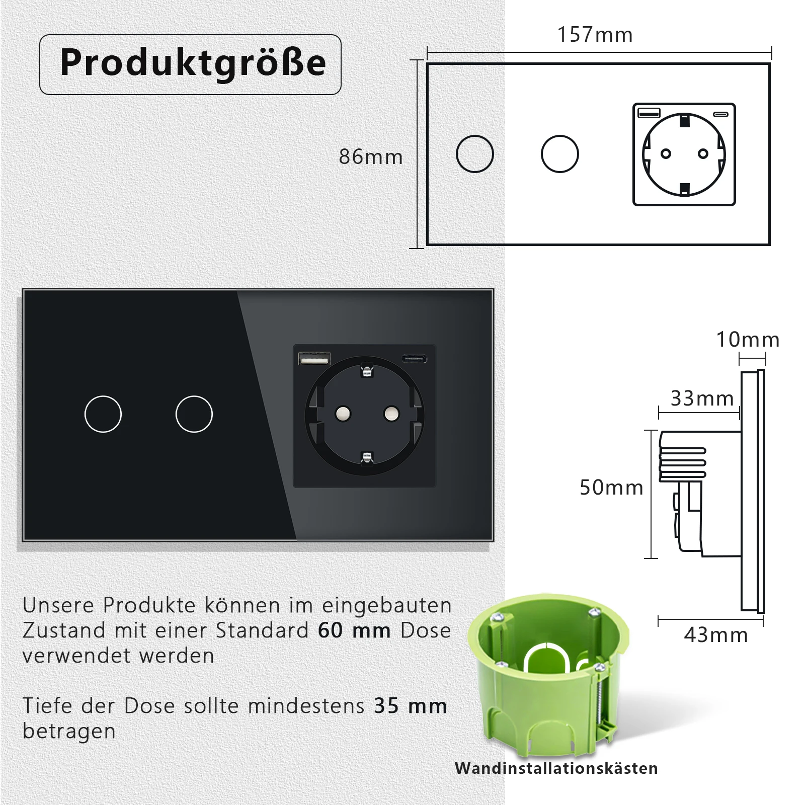 TAWOIA 1/2/3 Gang Touch Switches Light Switch With EU Wall Sockets USB Type-C Power Outlets Black Glass Panel Factory Direct