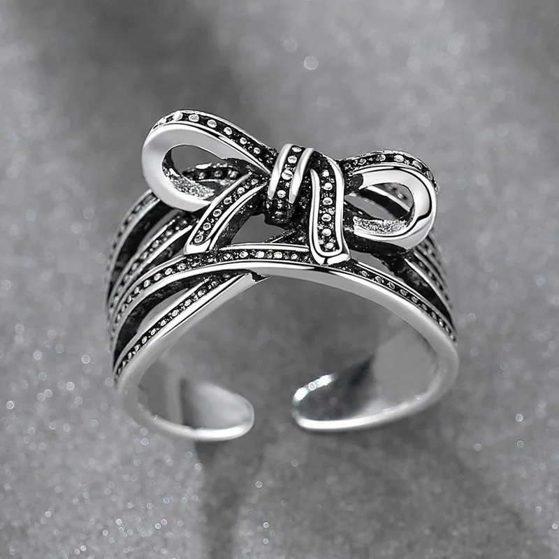 Entwined Wide Band Bow Open Ring For Women Silver Plated Lady Jewelry Girl Birthday Party Gift Adjustable Size
