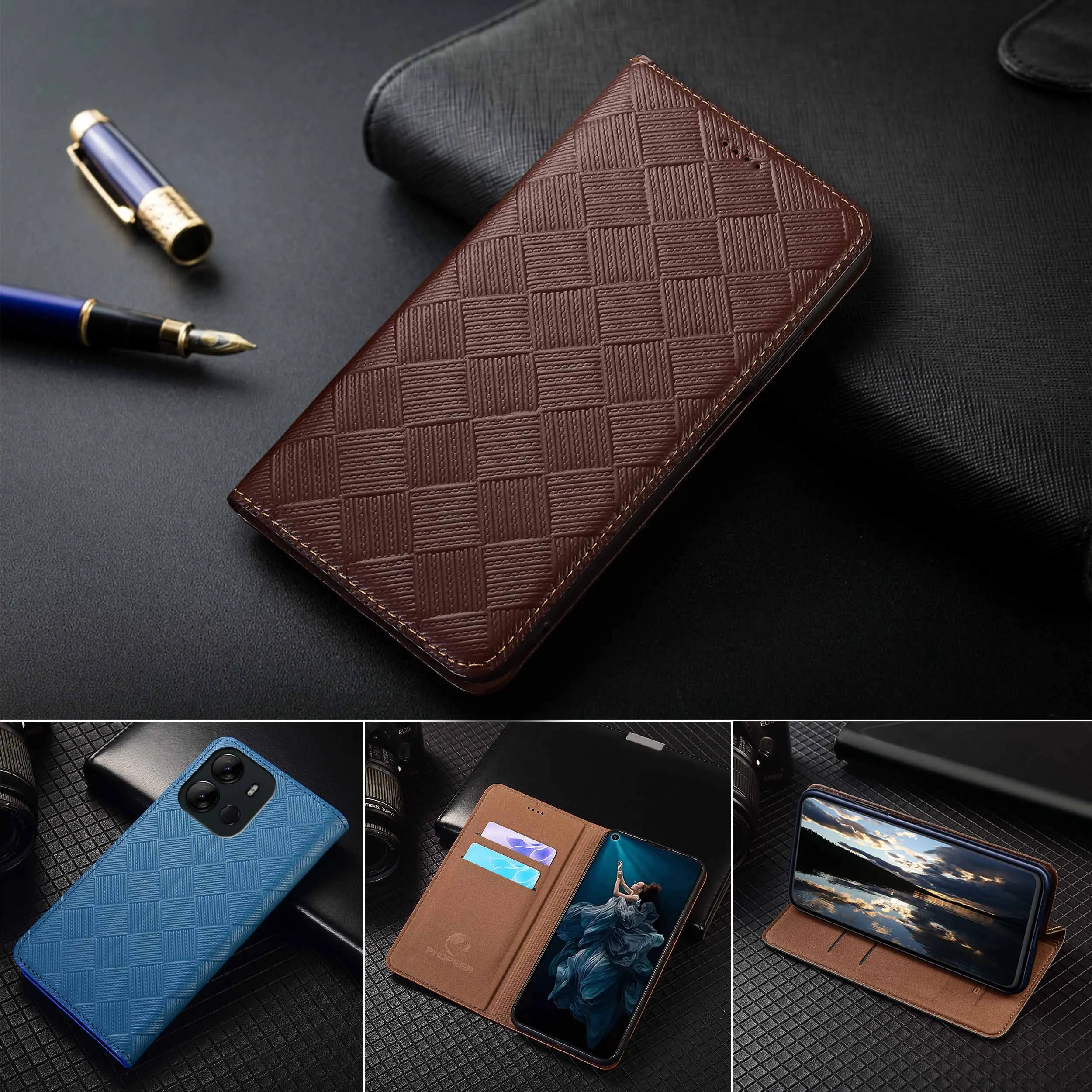 

For Spark Go 2020 2021 2022 2023 2024 Knit Pattern Of Genuine Leather Wallet Flip Phone Cover Case Cowhide Scratch-Proof No-Slip