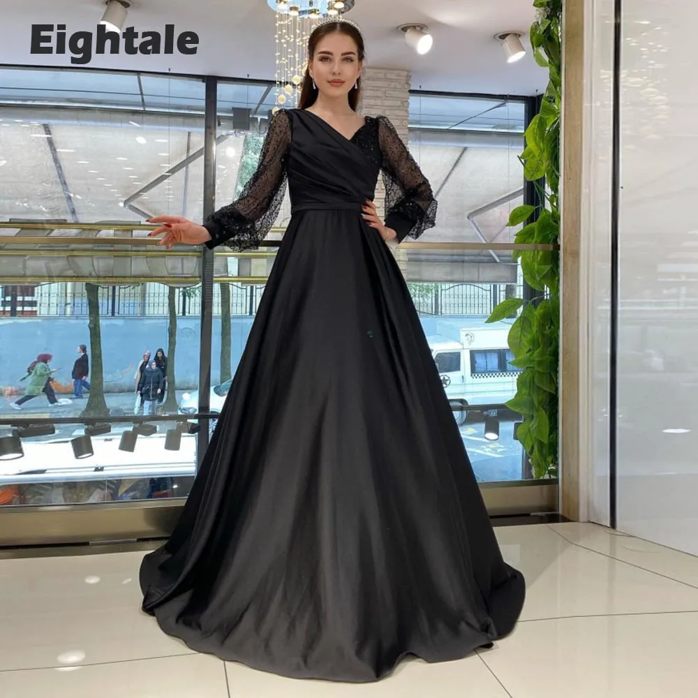 

Eightale Black Evening Dresses V-Neck Shiny Glitter Long Sleeves Floor Length Satin A-Line Party Prom Gown Vestidos De Noche