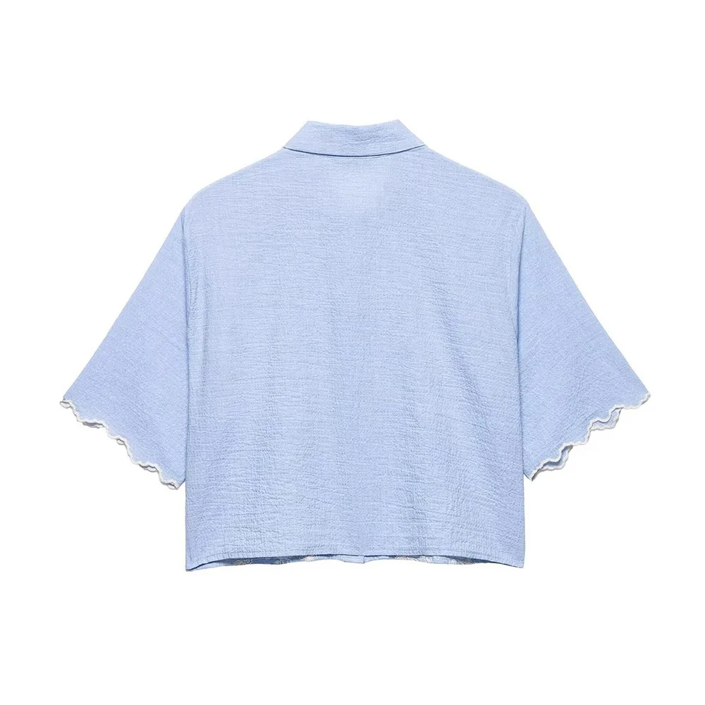 レディース 袖口イレギュラーデザインシングルブレストショートトップス カジュアルレトロ花柄刺繍半袖ラペルシャツ エレガント婦人服