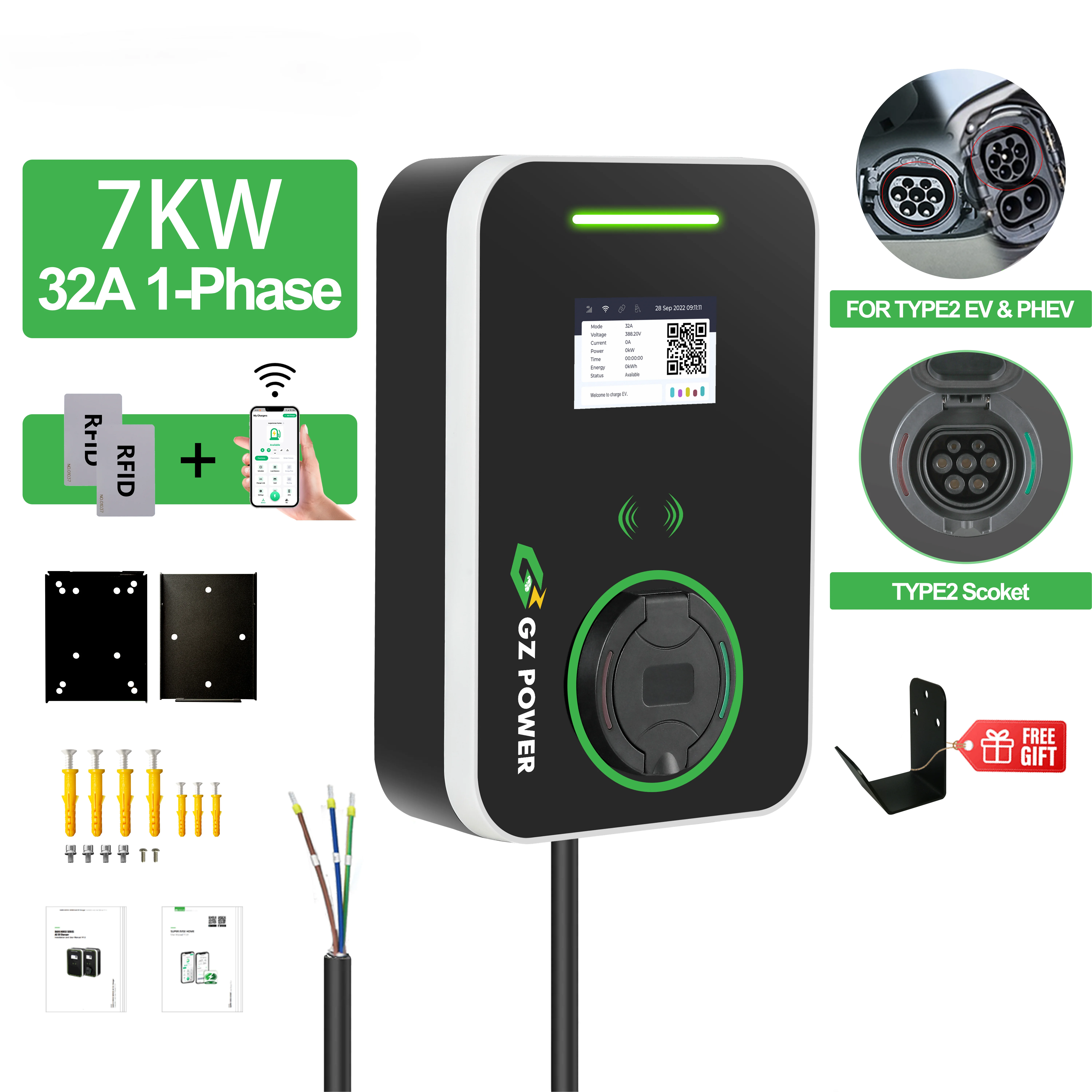 

Estación de carga para coche eléctrico, cargador EV Grinzo 32A EVSE Wallbox, 220V, tipo 2, 1 fase, 7kW, IEC 62196, 2