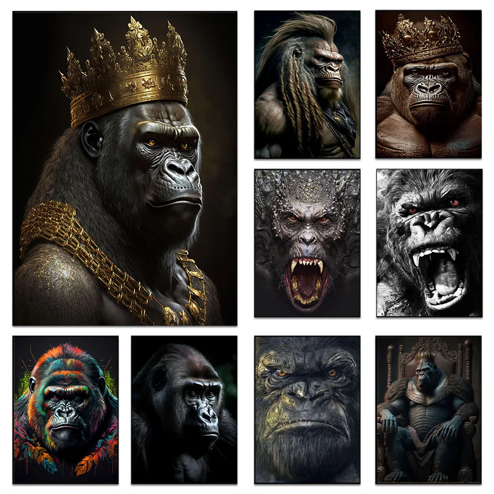 

Funny Bad King Gorilla Monkey Portrait Poster Print For Living Room Home Decor Modern Animal Chimpanzee Canvas Painting Wall Art