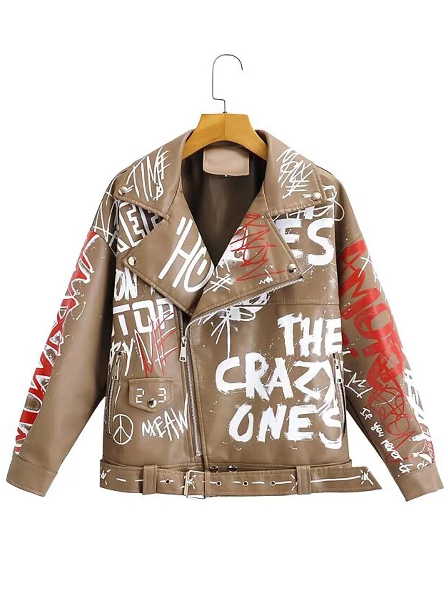 Chaquetas de cuero suave de imitación para mujer, abrigos blancos y negros de PU con remaches y cremallera, Charretera con estampado 3D para