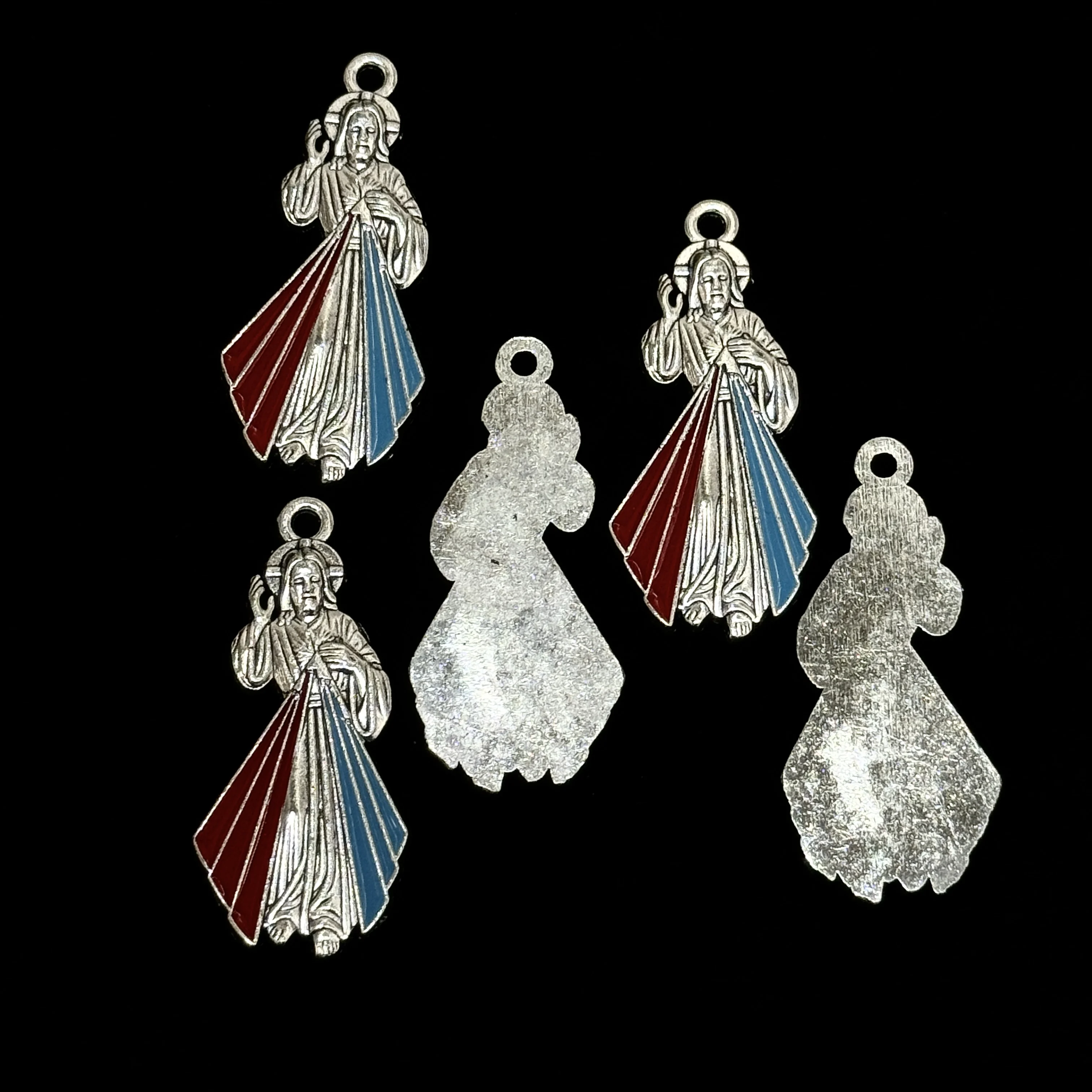5Pcs Single Loop Divine Mercy Jesus Red Blue Enamel Pendant Charms Matte Silver Catholic Rosary Keychain Bag DIY Ornaments