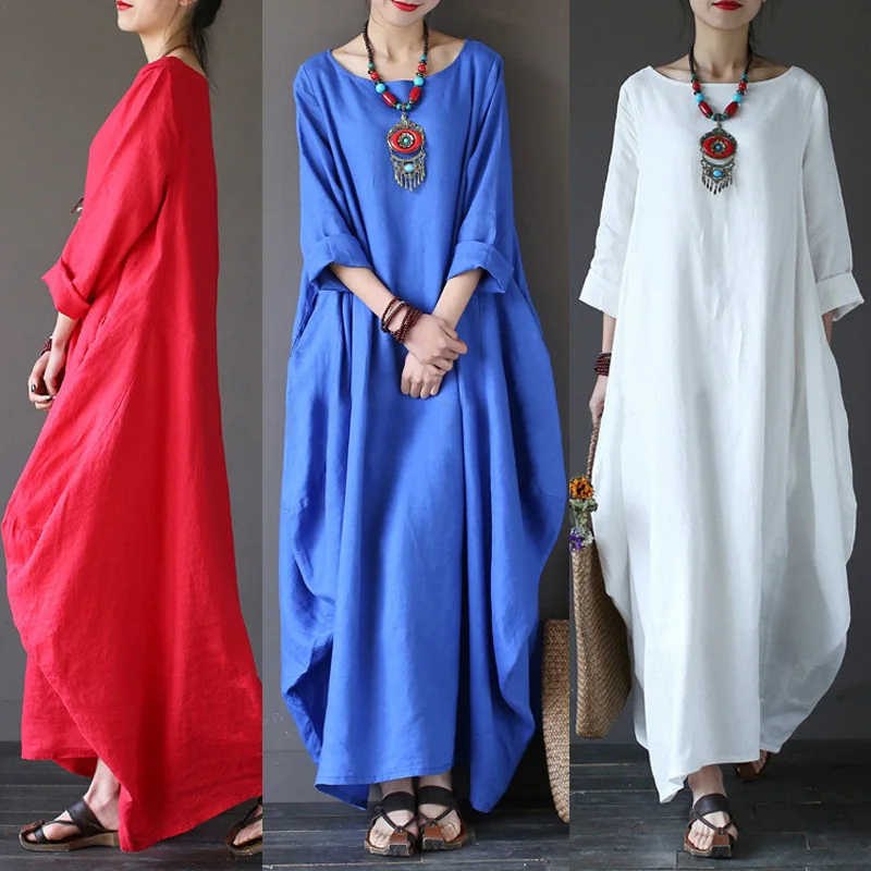 Korean Fashion Female Cotton Linen Robe Long Dresses Women Elegant Long Sleeve O Neck Maxi Kaftan Dress Casual Vintage Vestidos