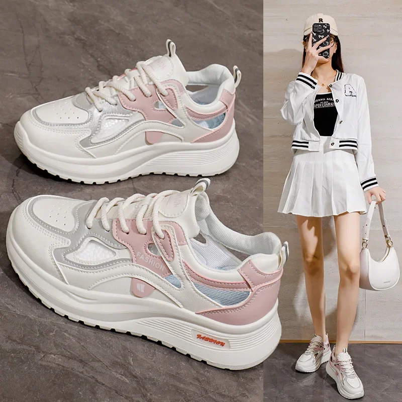 Baskets légères à semelle épaisse pour femmes, chaussures de marche à lacets et semelle épaisse, chaussures de course décontractées, de sport, de tennis en cuir