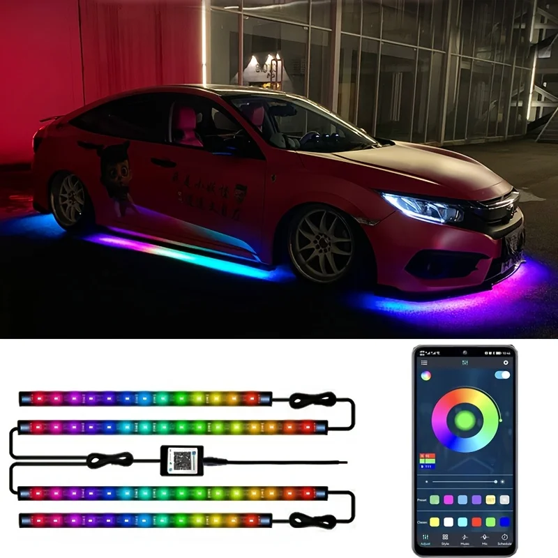 

4pcs Car Underglow Neon Decorative Strip Lights LED RGBIC Multi-color DIY Voice Control Function Music Mode APP Remote Control