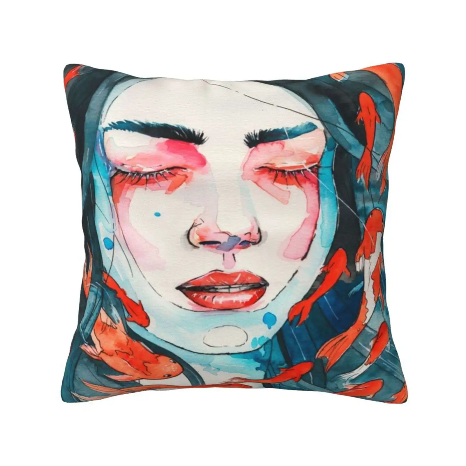 Only Here For A Minute Pillows Case Bedroom Home Decoration Watercolor Girl Goldfish Blue Red Orange Hair Flow Pond Traditional