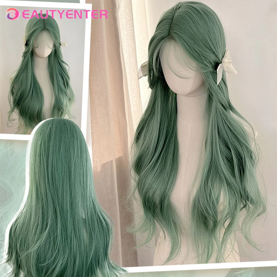 Peluca BeautyEenter de pelo largo para mujer, estrella verde menta, mismo estilo, pelo largo sintético y rizado, versátil, conjunto de cabeza