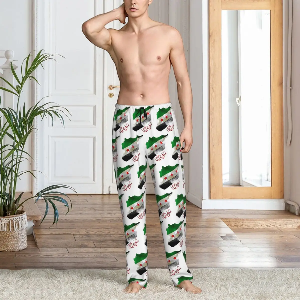 Custom Syria Revolution Flag Map Syrian Independence Calligraphy Pajama Pants Men Sleepwear Sleep Lounge Bottoms with Pockets view 3