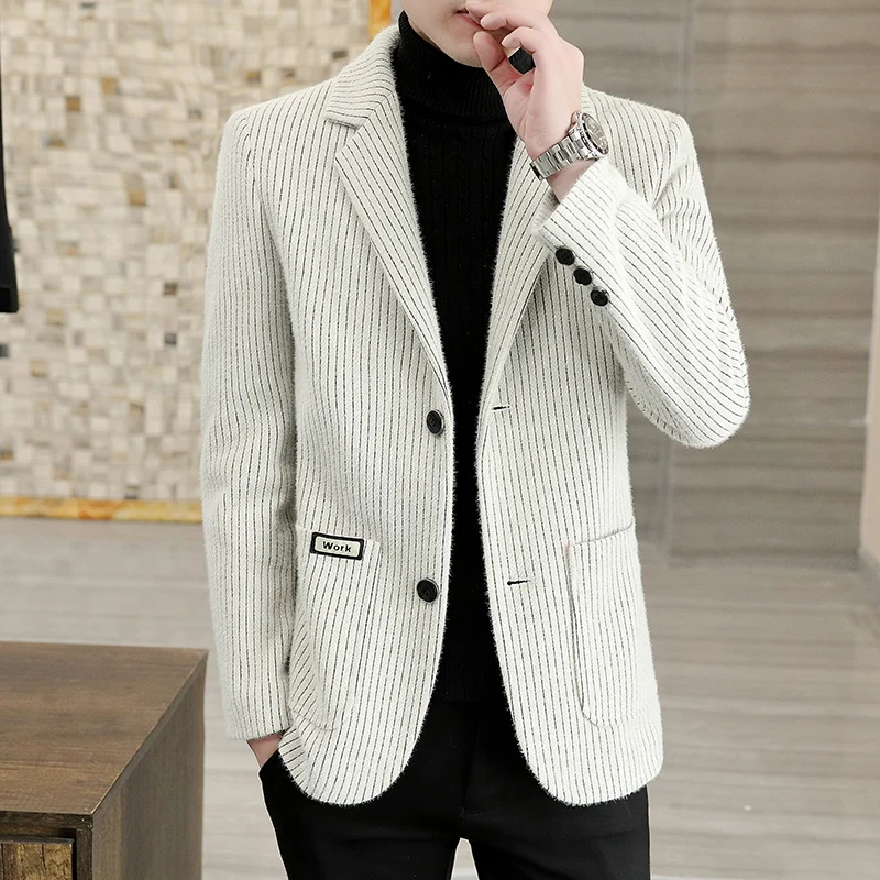 New Men\'s Suit Woolen Winter Thickeneded Outwear Good Quality Stripesd Casual Fashion Handsome Youth Black Suit Beige Outwear Top Middle-Aged Suit