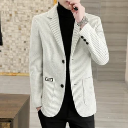 New Men's Suit Woolen Winter Thickeneded Outwear Good Quality Stripesd Casual Fashion Handsome Youth Black Suit Beige Outwear Top Middle-Aged Suit Banquet Dress Thick Suit