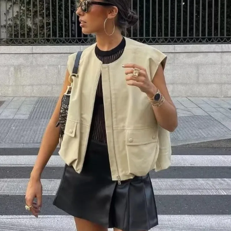 

Summer Women Loose Casual Vests Fashion Vintage Solid Pockets Ruched O Neck Zippers Sleeveless Ladies Vest All-match Tops