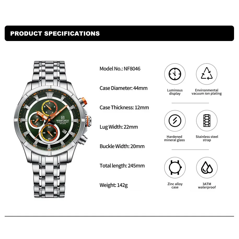 NAVIFORCE NF8046 Luxury Brand Watch for Men Stainless Steel Strap Chronograph Clock Male Sport Casual Waterproof Quartz Watch