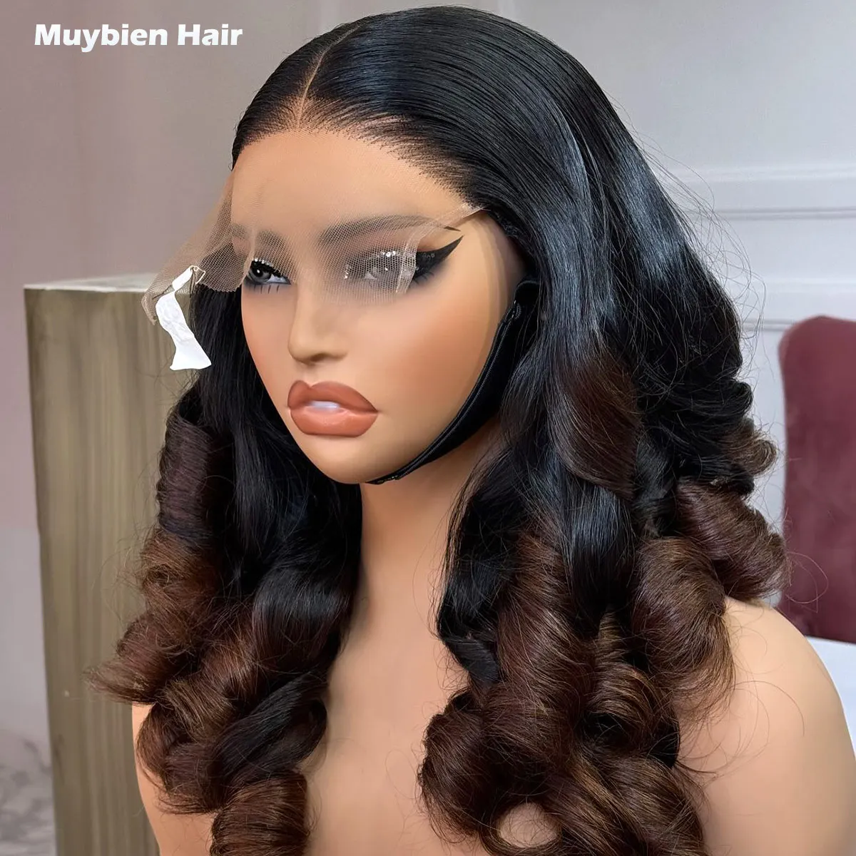 Ombre Brown Bouncy Curly Glueless Wig 450 High Density Human Hair 13x6 13x4 HD Lace Front Loose Wave Wigs Ready to Wear Wigs
