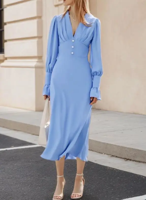 

Deep V-Neck Twisted Buckle Decoration Waist Cinched Lantern Sleeves Elegant A-Line Dress