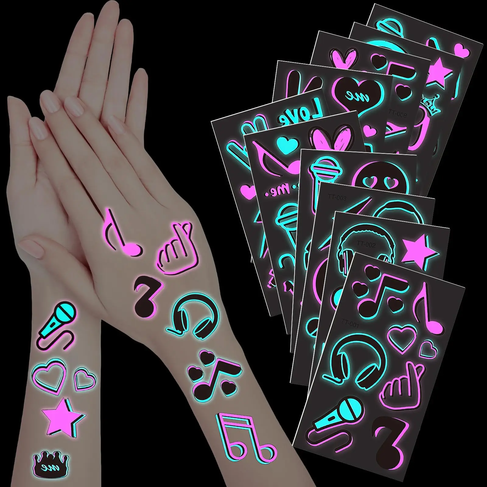 10 Sheet Glow in the Dark Music Temporary Tattoos Stickers with Luminous Neon Pink Blue Music Crown Note Disco party Accessory