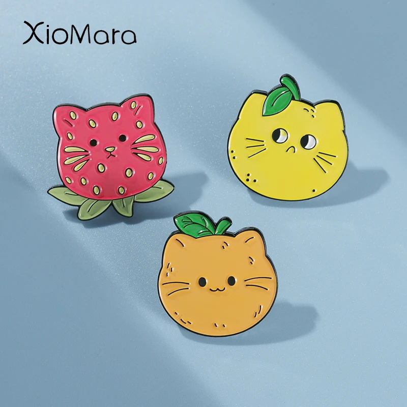 Fruit Cat Enamel Pins Custom Brooches Lapel Badges Strawberry Watermelon Pear Cat Funny Jewelry Gift for Kids Friends