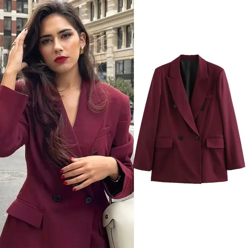 

New Burgundy Blazer Office Lady Autumn Winter Vintage Double Breasted Suit Jacket Woman Fashion Streetwear Classic Blazers Coat