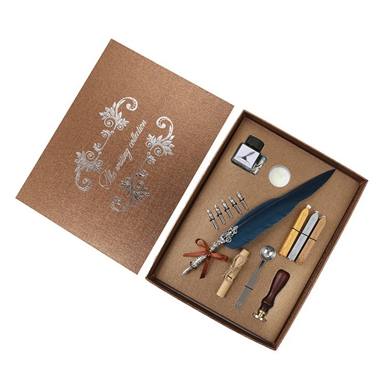 ปากกาปากกาชุดหมึก Vintage Feather Dip ปากกาเขียนหมึก Nibs ชุดซีลแสตมป์ Wax Seal Sticks