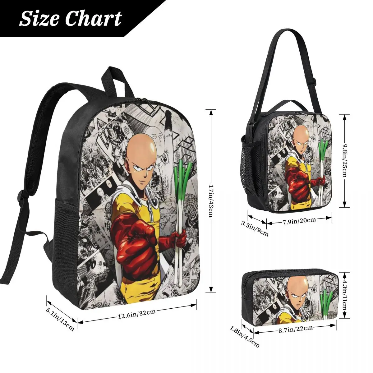 Anime One Punch Man Backpack Boys Girls BookBag School Bag Laptop Shoulder Bags 3ps Insulated Lunch Bag Pencil Case