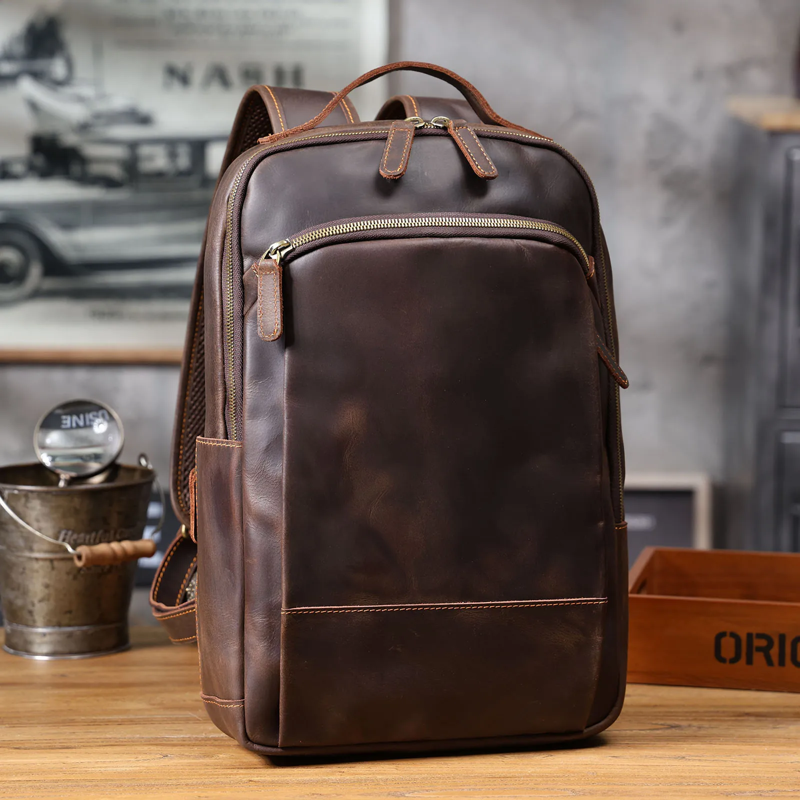 S.WORKER Vintage Echtleder-Rucksack 16“ Laptop-Tasche Crazy-Horse-Leder Schultasche Outdoor-Reise-Weekender-Schultertasche – Detail 8