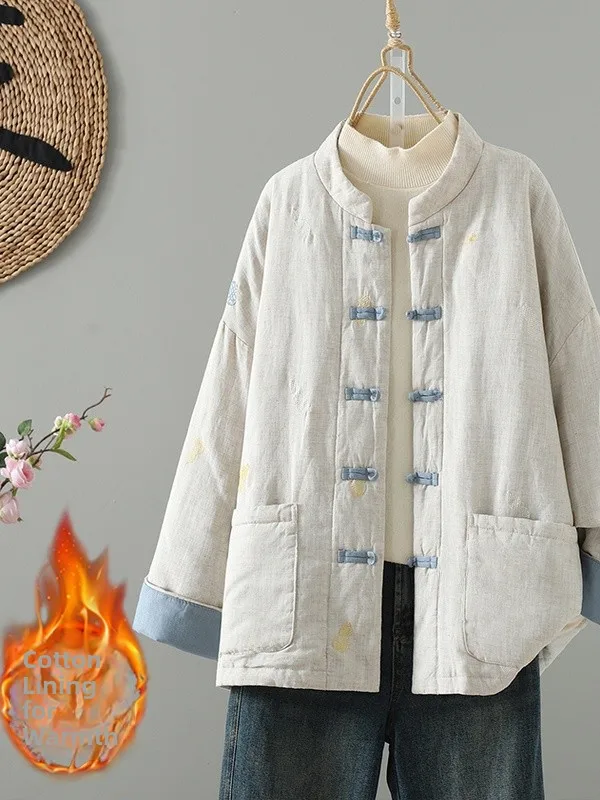 

Thiened Cotton lin Coat Women's Winter Jaet Stand Collar Button up Chinese Sle Warm Cotton Clothing Long Sve