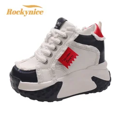 Fashion Chunky Sneakers Women Autumn Lace Up Platform Sports Shoes 10CM Thick Bottom High Heels Female Leather Sneakers Woman