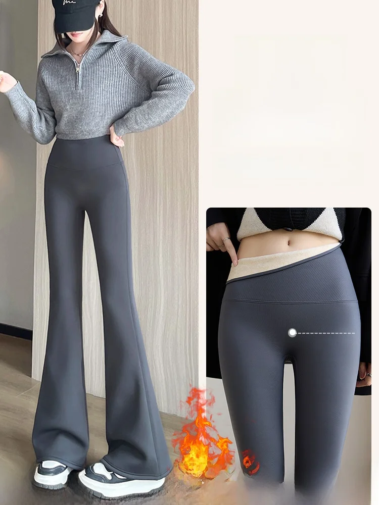 

Расклешенные брюки для йоги с высокой талией, женские большие размеры, повседневные осенне-зимние брюки из коровьей кожи на подкладке, утягивающие живот