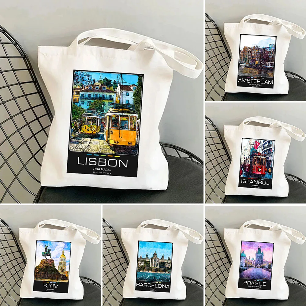 Amsterdam Barcelona Lissabon Vrouwen Canvas Schoudertassen Harajuku Handtassen Totes Eco Shopper Herbruikbare Katoenen Opvouwbare Boodschappentassen