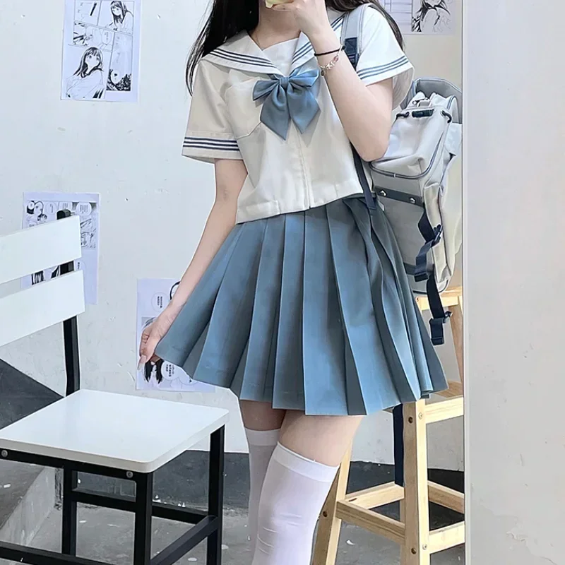 2024 New Japanese JK Uniform Preppy Style Summer and Autumn Blue White Long Short Sleeves Top Pleated Skirt Bow Suit For Girls