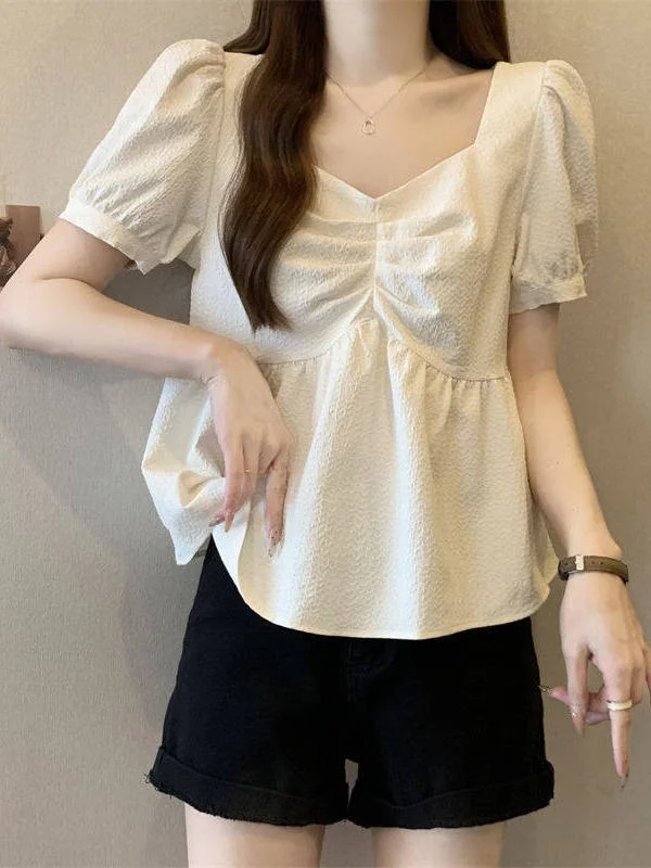 

plus Size Women's Bubble Sleeve Short Sleeve Shirt Loose Fit Sweet Style Summer Top for plus Size Girls Polyester Fiber Skin-...