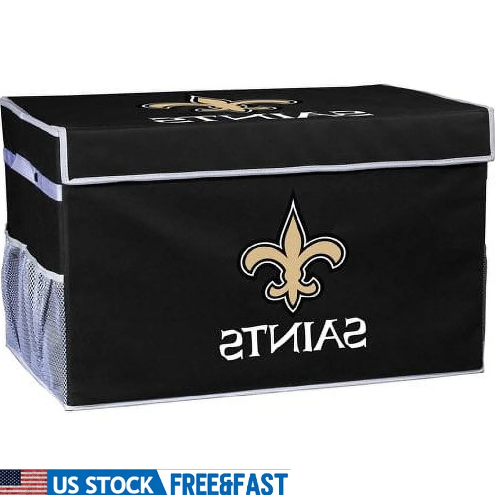 NFL New Orleans Saints Kleine zusammenklappbare Aufbewahrungs-Fußschließfachbehälter, langlebige, rechteckige Polyester-Aufbewahrungsbox mit Deckel, für Büro und Kinder