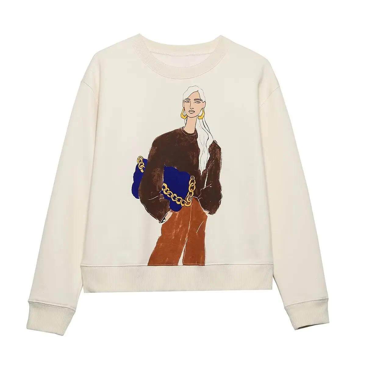 JNLEAOG Autumn New Faionable Street Sle Long Sve round Ne Girl's Printed Sweatirt Polyester Fiber Ladies' Sweater