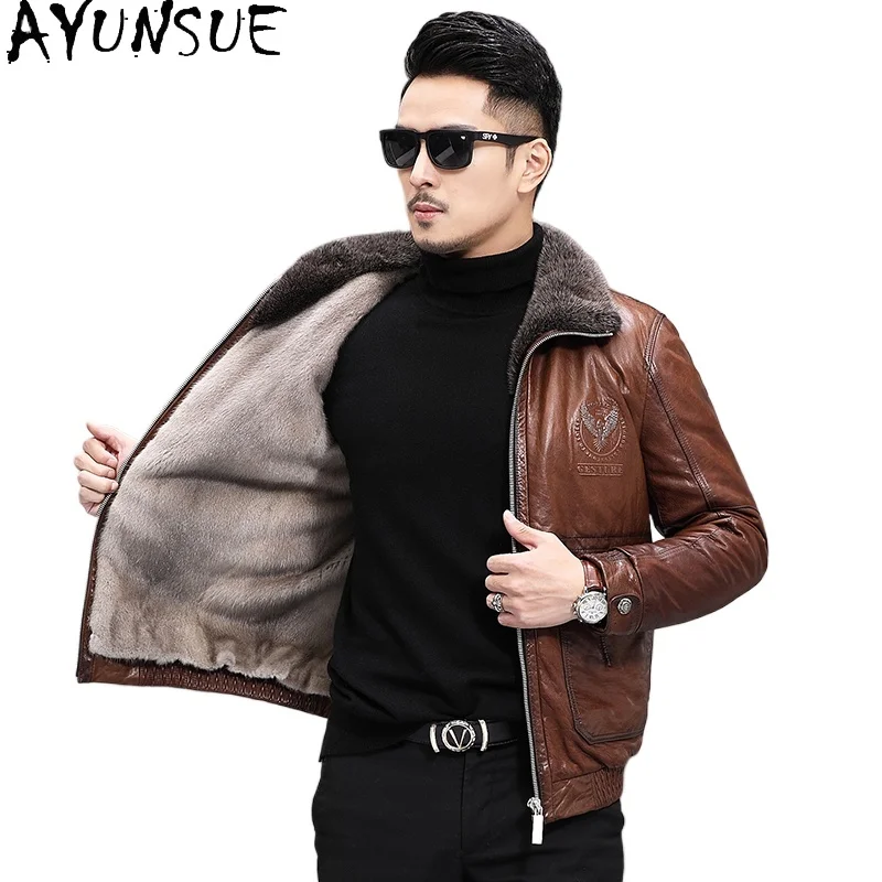 

AYUNSUE Genuine Sheepskin Leather Jackets Man Winter Short Real Fur Coat Men Clothing Luxury Mink Fur Liner Fashion Brown Jacket