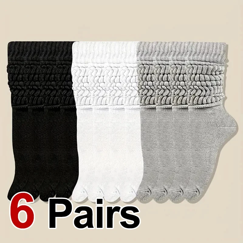 

3/6 Pairs Women Stacked Socks Winter Solid Warm Mid Calf Socks Female Thick Stripe Sports Socks Fashion Versatile Knit Socks